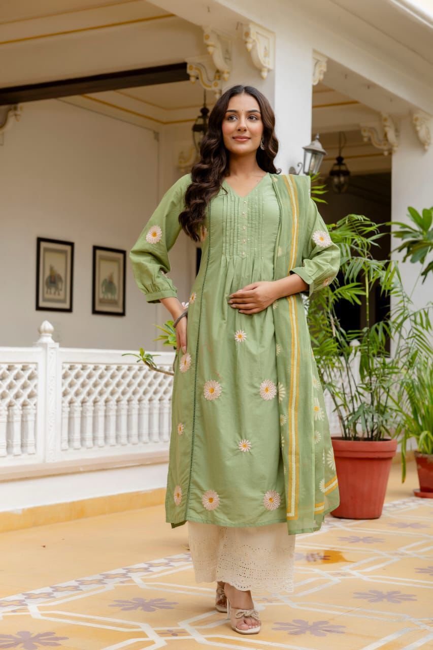 Green Cotton Embroidered Kurti Set with Dupatta